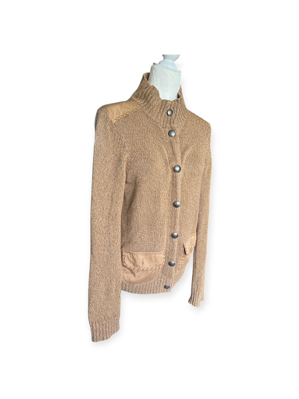 Ralph Lauren Vintage knit Cardigan Sweater – Camel with Suede Pockets - L - Picture 2 of 12